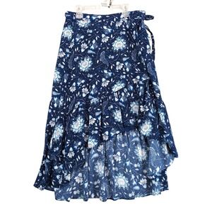 Gap Blue Floral Wrap Skirt‎ Size M Asymmetrical Ruffle Midi Summer Tiered Boho
